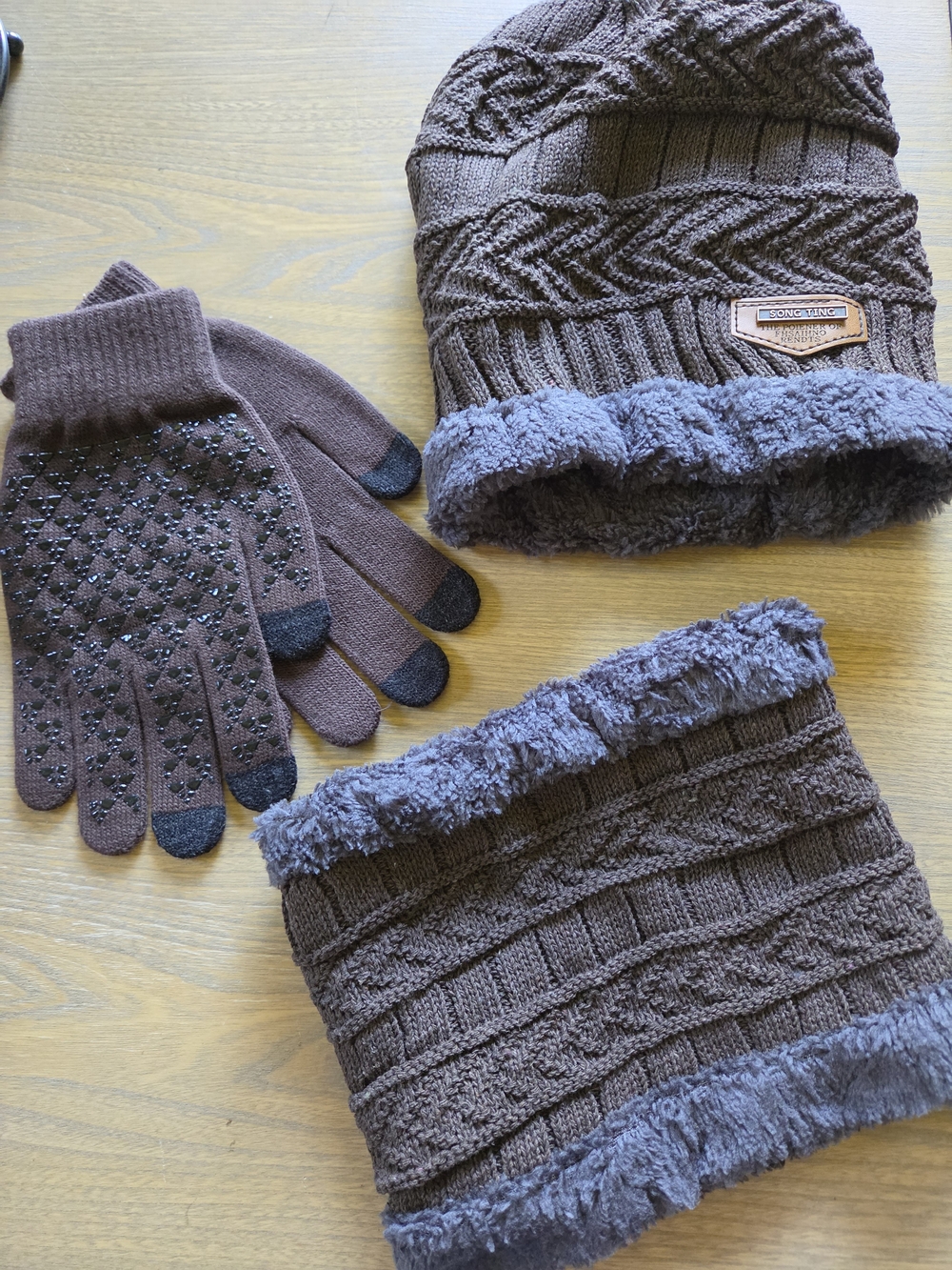 Women's Brown Knit Beanie, Neck Warmer & Gloves Set
